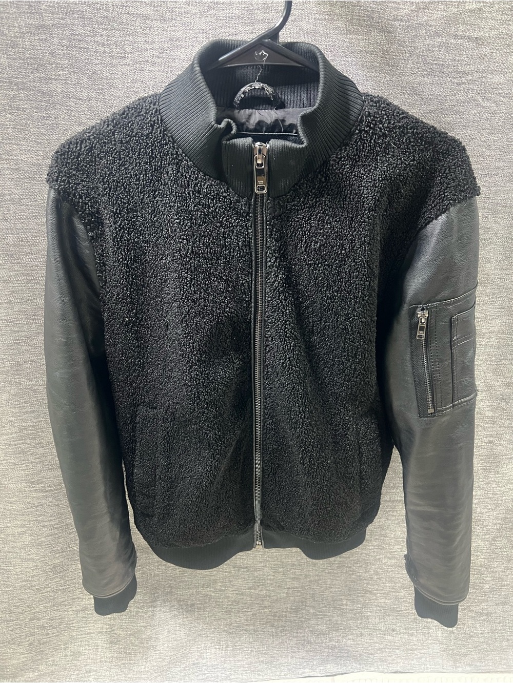 Zara Black Sherpa-Front Bomber with Polly Leather Sleeves and full zip